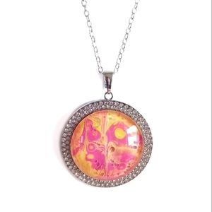 Pink and yellow acrylic paint pour crystal pendant on 22" inch silver necklace